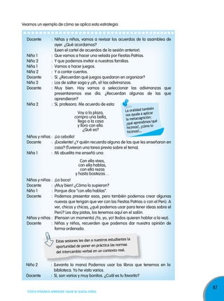 87
TODOS PODEMOS APRENDER, NADIE SE QUEDA ATRÁS
Veamos un ejemplo de cómo se aplica esta estrategia:
Docente : Niñas y niños, vamos a revisar los acuerdos de la asamblea de
ayer. ¿Qué acordamos?
(Leen el cartel de acuerdos de la sesión anterior).
Niño 1 : Que vamos a hacer una velada por Fiestas Patrias.
Niño 2 : Y que podemos invitar a nuestras familias.
Niña 1 : Vamos a hacer juegos.
Niña 2 : Y a contar cuentos.
Docente : Sí. ¿Recuerdan qué juegos quedaron en organizar?
Niño 2 : Los de saltar soga y ¡ah, sí! las adivinanzas.
Docente : Muy bien. Hoy vamos a seleccionar las adivinanzas que
presentaremos ese día. ¿Recuerdan algunas de las que
aprendieron?
Niña 2 : Sí, profesora. Me acuerdo de esta:
Niños y niñas : ¡La cebolla!
Docente : ¡Excelente! ¿Y quién recuerda alguna de las que les enseñaron en
casa? (Tuvieron una tarea previa sobre el tema).
Niña 1 : Mi abuelita me enseñó una:
Niños y niñas : ¡La boca!
Docente : ¡Muy bien! ¿Cómo lo supieron?
Niño 1 : Porque dice “con ella hablas”.
Docente : Podemos presentar esas, pero también podemos crear algunas
nuevas que tengan que ver con las Fiestas Patrias o con el Perú. A
ver, chicos y chicas, ¿qué podemos usar para tener ideas sobre el
Perú? Les doy pistas, los tenemos aquí en el salón.
Niños y niñas : (Piensan un momento) ¡Yo, yo, yo! (todos quieren hablar a la vez).
Docente : Niñas y niños, recuerden que podemos dar nuestra opinión de
forma ordenada.
Niño 2 : (Levanta la mano) Podemos usar los libros que tenemos en la
biblioteca. Yo he visto varios.
Docente : Sí, son varios y muy bonitos. ¿Cuál es tu favorito?
La oralidad también
nos ayuda a aplicar
la metacognición:
¿qué aprendimos/qué
hicimos?, ¿cómo lo
hicimos?…
Estas sesiones les dan a nuestros estudiantes la
oportunidad de poner en práctica las normas
del intercambio verbal en un contexto real.
Voy a la plaza,
compro una bella,
llego a la casa
y lloro con ella.
¿Qué es?
Con ella vives,
con ella hablas,
con ella rezas
y hasta bostezas…
 
