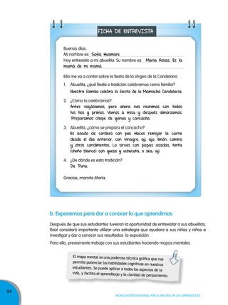 94
Movilización nacional por la Mejora de los aprendizajes
Después de que sus estudiantes tuvieron la oportunidad de entrevistar a sus abuelitas,
Raúl consideró importante utilizar una estrategia que ayudara a sus niñas y niños a
investigar y dar a conocer sus resultados: la exposición.
Para ello, previamente trabaja con sus estudiantes haciendo mapas mentales.
b. exponemos para dar a conocer lo que aprendimos
El mapa mental es una poderosa técnica gráfica que nos
permite potenciar las habilidades cognitivas en nuestros
estudiantes. Se puede aplicar a todos los aspectos de la
vida, y facilita el aprendizaje y la claridad de pensamiento.
FIChA DE ENtREVIStA
Buenos días.
Mi nombre es Sofía huamani.
Hoy entrevisto a mi abuelita. Su nombre es María Rosas. Es la
mamá de mi mamá.
Ella me va a contar sobre la fiesta de la Virgen de la Candelaria.
1. Abuelita, ¿qué fiesta o tradición celebramos como familia?
Nuestra familia celebra la fiesta de la Mamacha Candelaria.
2. ¿Cómo la celebramos?
Antes viajábamos, pero ahora nos reunimos con todos
tus tíos y primos. Vamos a misa y después almorzamos.
Preparamos chupe de quinua y cancacho.
3. Abuelita, ¿cómo se prepara el cancacho?
Es asado de cordero con piel. haces remojar la carne
desde el día anterior, con vinagre, ají, ajo, limón, comino
y otros condimentos. Lo sirves con papas asadas, tunta
(chuño blanco) con queso y uchucuta, o sea, ají.
4. ¿De dónde es esta tradición?
De Puno.
Gracias, mamita María.
 