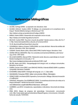 Referencias bibliográficas
ALCOBA, Santiago (2000). La expresión oral. Barcelona: Ariel.
ÁLVAREz ANGULO, Teodoro (2001). “El diálogo y la conversación en la enseñanza de la
lengua”. Revista Didáctica (Lengua y literatura), pp 17-42.
http://dialnet.unirioja.es/servlet/articulo?codigo=238924
BARALO, Marta (2000). El desarrollo de la expresión oral en el aula.
http://nebrija.com/revista-linguistica/numero11/
BEUCHAT, Cecilia (1989). “Escuchar: el punto de partida”. Revista Lectura y Vida, año 10, nº
3. http://www.lecturayvida.fahce.unlp.edu.ar/numeros/a10n3/
10_03_Beuchat.pdf/view?searchterm=beuchat
CALSAMIGLIA, Helena y Amparo TUSÓN (2008). Las cosas del decir. Manual de análisis del
discurso. Barcelona: Ariel. 3era impresión.
CASSANY, Daniel; Marta LUNA y Gloria SANz (1998). Enseñar lengua. Barcelona: Graó.
CENTRO VIRTUAL CERVANTES: http://cvc.cervantes.es/ensenanza/biblioteca_ele/marco/
cap_01.htm (1997-2013)
DE LA MATA BENÍTEz, Manuel (1993). “Interacción social, discurso y aprendizaje en el aula”.
Revista Investigación en la Escuela, n° 21.
http://www.investigacionenlaescuela.es/articulos/21/R21_2.pdf
DEL RÍO, María José (1993). Psicopedagogía de la lengua oral: un enfoque comunicativo.
Barcelona: Ice-Horsori.
DURÁN, Carmen; Inma LÓPEz; Juan SÁNCHEz-ENCISO y Yolanda SEDILES (2009). La palabra
compartida. Barcelona: Octaedro.
ECHEVERRÍA, Rafael (2009). Ontología del Lenguaje. s/c J. C. Sáez editor.

GAUQUELIN, Fran oise (1982). Saber comunicarse. Bilbao: Mensajero.
GÓMEz FLORES, Ana María (2010). Expresión y Comunicación. Málaga: Ediciones Innovación
y Cualificación.
GONzÁLEz, Margarita y zoe DOMÍNGUEz (2003). “La enseñanza de la toma de notas en la
lengua extranjera”. Revista de Educación Universitaria.
www.bibliociencias.cu/gsdl/collect/libros/index/assoc/...dir/doc.pdf
GUERRERO, Luis (2013). Competencias, capacidades e indicadores. Documento de trabajo.
Lima.
IPEBA (2013). Mapas de progreso del aprendizaje. Comunicación: comunicación
oral.<http://www.ipeba.gob.pe/estandares/MapasProgreso_Comunicacion_Oral.pdf>.
Fecha de consulta: 19/09/2013.

TODOS PODEMOS APRENDER, NADIE SE QUEDA ATRÁS

99

 