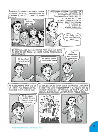 el Primer día de clases en su nueva escuela,

su hablar cadencioso causó gracia en sus
comPañeros y Provocó la mofa de alguno
de ellos.

Hola, me
llamo Juan.

Para crear un clima favorable a la
integración, la maestra de
comunicación de Primer año de

secundaria aPlicó una
dinámica de Presentación en
base a crear rimas
a Partir de su
nombre o aPellido.

Soy Isabel y me
gusta hacer figuras de
papel.

la

Profesora les dio dos minutos Para crear sus rimas.
al cabo de ese tiemPo los niños fueron Presentándose
indistintamente.

Me llamo Fidel
y me gusta ser fiel.

asì

sucesivamente cada uno de
los niños fue Presentándose.
cuando le tocó a Juan, Él diJo:

Me apellido Pereda
y camino por la vereda.

Soy
Inés Cardoso
y no me gustan
los cargosos.

su resPuesta causó gracia en sus comPañeros. la maestra
se quedó un tanto desconcertada y se molestó Por el
desorden Provocado. la Profesora le Pidió a Juan que
exPlicara quÉ significaba mitayear, monte y Peque-Peque.

Me llamo Juan,
me gusta ir al monte
a mitayear y pasear en
peque-peque.

TODOS PODEMOS APRENDER, NADIE SE QUEDA ATRÁS

13

 