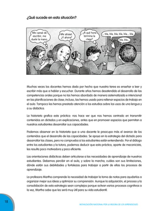 ¿Qué sucede en esta situación?

Me cansé de
escribir, me
duele la mano.

Me atrasé.
¿Y ahora?

¿A qué hora
termina la
clase?

... bla, bla, bla, bla, bla... bla.
bla, bla...

Muchas veces los docentes hemos dado por hecho que nuestra tarea es enseñar a leer y
escribir más que a hablar y escuchar. Durante años hemos desatendido el desarrollo de las
competencias orales porque no las hemos abordado de manera sistematizada e intencional
en las planificaciones de clase; incluso, las hemos usado para rellenar espacios de trabajo en
el aula. Tampoco les hemos prestado atención a los estudios sobre los usos de una lengua y
a su didáctica.
La historieta grafica esta práctica: nos hace ver que nos hemos centrado en transmitir
contenidos en dictados y en explicaciones, antes que en promover espacios que permitan a
nuestros estudiantes desarrollar sus capacidades.
Podemos observar en la historieta que a una docente le preocupa más el avance de los
contenidos que el desarrollo de las capacidades. Se apoya en la estrategia del dictado para
desarrollar las clases, pero no comprueba si los estudiantes están entendiendo. Por el diálogo
entre los estudiantes y la tutora, podemos deducir que esta práctica, aparte de mecanicista,
les resulta poco motivadora y poco eficiente.
Las orientaciones didácticas deben articularse a las necesidades de aprendizaje de nuestros
estudiantes. Debemos percibir en el aula, y sobre la marcha, cuáles son sus limitaciones,
dónde están sus debilidades y fortalezas para trabajar a partir de ellas los procesos de
aprendizaje.
La profesora Martha comprende la necesidad de trabajar la toma de notas para ayudarlos a
organizar mejor sus ideas y optimizar su comprensión. Aunque la adquisición, el proceso y la
consolidación de esta estrategia sean complejos porque activan varios procesos cognitivos a
la vez, Martha sabe que les será muy útil para su vida estudiantil.

18

Movilización nacional por la Mejora de los aprendizajes

 