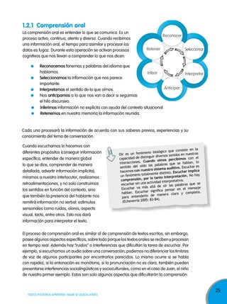 1.2.1 Comprensión oral
La comprensión oral es entender lo que se comunica. Es un
proceso activo, continuo, atento y diverso. Cuando recibimos
una información oral, el tiempo para asimilar y procesar los
datos es fugaz. Durante esta operación se activan procesos
cognitivos que nos llevan a comprender lo que nos dicen:

Reconocer
Retener

reconocemos fonemas y palabras del idioma que
hablamos.
Inferir
seleccionamos la información que nos parece
importante.
Anticipar
interpretamos el sentido de lo que oímos.
Nos anticipamos a lo que nos van a decir si seguimos
el hilo discursivo.
inferimos información no explícita con ayuda del contexto situacional.
retenemos en nuestra memoria la información reunida.

Seleccionar

Interpretar

Cada uno procesará la información de acuerdo con sus saberes previos, experiencias y su
conocimiento del tema de conversación.
Cuando escuchamos lo hacemos con
diferentes propósitos (conseguir información
específica, entender de manera global
lo que se dice, comprender de manera
detallada, advertir información implícita);
miramos a nuestro interlocutor, realizamos
retroalimentaciones, y no solo construimos
los sentidos en función del contexto, sino
que también la presencia del hablante nos
remitirá información no verbal: estímulos
sensoriales como ruidos, olores, aspecto
visual, tacto, entre otros. Esto nos dará
información para interpretar el texto.

e consiste en la
eno biológico qu
Oír es un fenóm
os en nuestras
nguir diversos sonid
capacidad de disti
rcibimos con el
ando oímos pe
interacciones. Cu
e se hablan, lo
o las palabras qu
ntido del oíd
se
tivo. Escuchar es
tro sistema audi
hacemos con nues
Escuchar implica
lmente distinto.
un fenómeno tota
ción. No hay
tanto interpreta
prensión, por lo
com
etativa.
actividad interpr
que se
escuchar sin una
oír las palabras
allá de
Escuchar va más
en el mensaje
significa pensar
completa.
hablan. Escuchar
manera clara y
entenderlo de
para
: 83-84).
(Echeverría 2005

El proceso de comprensión oral es similar al de comprensión de textos escritos; sin embargo,
posee algunos aspectos específicos, sobre todo porque los textos orales se reciben y procesan
en tiempo real. Además hay “ruidos” o interferencias que dificultan la tarea de escuchar. Por
ejemplo, si escuchamos un audio sobre una conversación, podemos no diferenciar los timbres
de voz de algunos participantes por encontrarlos parecidos. Lo mismo ocurre si se habla
con rapidez, si la entonación es monótona, si la pronunciación no es clara; también pueden
presentarse interferencias sociolingüísticas y socioculturales, como en el caso de Juan, el niño
de nuestro primer ejemplo. Estos son solo algunos aspectos que dificultarán la comprensión.

TODOS PODEMOS APRENDER, NADIE SE QUEDA ATRÁS

25

 