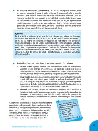 En variadas situaciones comunicativas. En un día cualquiera, interactuamos
en diversos espacios: la casa, la calle, la tienda, la escuela, el aula, el estadio,
etcétera. Cada espacio implica una situación comunicativa particular, tipos de
registros, vocabulario, que suponen la necesidad de que el estudiante sea capaz
de comprender los distintos tipos de textos que escucha. Por eso, es importante que
participe en situaciones formales (exposición académica, debate, entrevista a un
personaje, presentación en un panel, etcétera) e informales (saludar, comprar un
periódico, contar una anécdota, contar un chiste, etcétera).
Ejemplo:
En los ámbitos urbanos y rurales los estudiantes participan en diversas
actividades que realiza su institución educativa, tales como el aniversario,
el Día de la Madre, el concurso interescolar, la elaboración del periódico
mural, la realización de las tareas, la participación en los grupos de trabajo,
etcétera. En sus hogares participan en las actividades que realiza su familia,
tales como comprar en el supermercado o visitar las ferias de ﬁn de semana
(como se acostumbra en ámbitos rurales, para comprar o vender productos),
visitar al médico del centro de salud o al naturista de la localidad, y muchas
otras actividades.

Poniendo en juego procesos de escucha activa, interpretación y reflexión.

-

-

Escucha activa. Significa atender con concentración, evitar las distracciones
y centrar nuestra energía en comprender las palabras e ideas que expresa
nuestro interlocutor. Se manifiesta de muchas formas (gestos, posturas, sonrisas,
miradas, silencio, interjecciones, etcétera), y exige un esfuerzo físico y mental.
Interpretación. Quiere decir acercarnos a la intención comunicativa del interlocutor
a partir del texto oral mismo, pero también a partir de la entonación de su
voz, de su lenguaje corporal, de los elementos de apoyo que utiliza (gráficos,
esquemas), o de todos juntos. Una adecuada interpretación hará posible que lo
que quiso decir el interlocutor no se malinterprete en el camino.
Reflexión. Nos permite discernir la información relevante de la superflua o
complementaria, captar y comprender no solo el pensamiento sino incluso las
emociones de nuestro interlocutor. Permite también evaluar las posturas, los
roles del hablante, los intereses que están detrás del discurso y las relaciones de
poder.

Comprender textos orales es de suma importancia tanto
para el desarrollo personal y el proceso de aprendizaje
del individuo como para la práctica de una ciudadanía
democrática, participativa y deliberativa. Esta habilidad
cobra relevancia cuando se reconoce que la mayor
proporción de tiempo que las personas destinan a
comunicarse se concentra en el acto de escuchar.

TODOS PODEMOS APRENDER, NADIE SE QUEDA ATRÁS

iversos,
tudios d
s
egún es s comunicamo
S
en la
do no
cuan
tiempo
mos el
emplea proporción:
e
siguient ir : 10%
crib
Es
15%
Leer : 30%
r :
Habla
r : 45%
Escucha
47-48
n 1982:
auqueli
G

41

 
