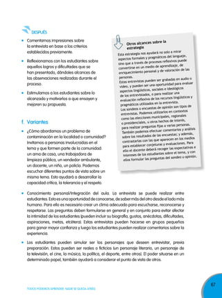 despUÉs
Comentamos impresiones sobre
la entrevista en base a los criterios
establecidos previamente.
Reflexionamos con los estudiantes sobre
aquellos logros y dificultades que se
han presentado, dándoles alcances de
las observaciones realizadas durante el
proceso.
Estimulamos a los estudiantes sobre lo
alcanzado y motivarlos a que ensayen y
mejoren su propuesta.

f. variantes
¿Cómo abordamos un problema de
contaminación en la localidad o comunidad?
Invitamos a personas involucradas en el
tema y que formen parte de la comunidad:
un ama de casa, una trabajadora de
limpieza pública, un vendedor ambulante,
un docente, un niño, un policía. Podemos
escuchar diferentes puntos de vista sobre un
mismo tema. Esto ayudará a desarrollar la
capacidad crítica, la tolerancia y el respeto.

bre la
otros alcances so
ia
estrateg

dará no solo a mirar
Esta estrategia nos ayu
gmáticos del lenguaje,
aspectos formales y pra
cesos reflexivos puede
sino que a través de pro
de aprendizaje, de
convertirse en un medio
las
nal y de valoración de
enriquecimiento perso
personas.
io o
en ser grabadas en aud
Estas entrevistas pued
nidad para evaluar
oportu
video, y pueden ser una
ológicos
güísticos, sociales e ide
aspectos lin
lizar una
para rea
de los entrevistados, o
lingüísticos y
reflexiva de los recursos
evaluación
revista.
en la ent
pragmáticos utilizados
n son tipos de
os o encuestas de opinió
Los sonde
s en contextos
lizarlo
entrevistas. Podemos uti
ionales
cciones municipales, reg
como las ele
de interés,
os hechos
o presidenciales, u otr
personas.
r preguntas fijas a varias
para realiza
entarios y análisis
ar com
También podemos efectu
tas; y además,
resultados de las encues
sobre los
recen en los medios
e apa
contrastarlas con las qu
ciones. Para
ecer conjeturas y evalua
para establ
r las expectativas e
recoge
ello el docente deberá
el tema, y con
de los estudiantes sobre
intereses
del sondeo u opinión.
tas
ellos formular las pregun

Conocimiento personal/Integración del aula. La entrevista se puede realizar entre
estudiantes. Esta es una oportunidad de conocerse, de saber más del otro desde el lado más
humano. Para ello es necesario crear un clima adecuado para escucharse, reconocerse y
respetarse. Las preguntas deben formularse en general y en conjunto para evitar afectar
la intimidad de los estudiantes (pueden incluir su biografía, gustos, anécdotas, dificultades,
aspiraciones, metas, etcétera). Estas entrevistas pueden hacerse en grupos pequeños
para ganar mayor confianza y luego los estudiantes pueden realizar comentarios sobre la
experiencia.
Los estudiantes pueden simular ser los personajes que deseen entrevistar, previa
preparación. Estos pueden ser reales o ficticios (un personaje literario, un personaje de
la televisión, el cine, la música, la política, el deporte, entre otros). El poder situarse en un
determinado papel, también ayudará a considerar el punto de vista de otros.

TODOS PODEMOS APRENDER, NADIE SE QUEDA ATRÁS

67

 