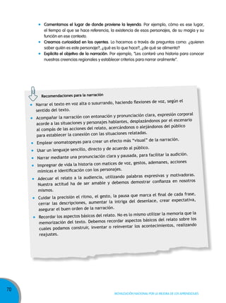 comentamos el lugar de donde proviene la leyenda. Por ejemplo, cómo es ese lugar,
el tiempo al que se hace referencia, la existencia de esos personajes, de su magia y su
función en ese contexto.
creamos curiosidad en los oyentes. Lo hacemos a través de preguntas como: ¿quieren
saber quién es este personaje?, ¿qué es lo que hace?, ¿de qué se alimenta?
explicita el objetivo de la narración. Por ejemplo, “Les contaré una historia para conocer
nuestras creencias regionales y establecer criterios para narrar oralmente”.

Recomendaciones para la narración

endo flexiones de voz, según el
Narrar el texto en voz alta o susurrando, haci
sentido del texto.
unciación clara, expresión corporal
Acompañar la narración con entonación y pron
s, desplazándonos por el escenario
acorde a las situaciones y personajes hablante
onos o alejándonos del público
al compás de las acciones del relato, acercánd
es relatadas.
para establecer la conexión con las situacion
más “visual” de la narración.
Emplear onomatopeyas para crear un efecto
rdo al público.
Usar un lenguaje sencillo, directo y de acue
pausada, para facilitar la audición.
Narrar mediante una pronunciación clara y
voz, gestos, ademanes, acciones
Impregnar de vida la historia con matices de
mímicas e identificación con los personajes.
o palabras expresivas y motivadoras.
Adecuar el relato a la audiencia, utilizand
mos demostrar confianza en nosotros
Nuestra actitud ha de ser amable y debe
mismos.
a que marca el final de cada frase,
Cuidar la precisión el ritmo, el gesto, la paus
ga del desenlace, crear expectativa,
cerrar las descripciones, aumentar la intri
asegurar el buen orden de la narración.
es lo mismo utilizar la memoria que la
Recordar los aspectos básicos del relato. No
aspectos básicos del relato sobre los
memorización del texto. Debemos recordar
ar los acontecimientos, realizando
cuales podamos construir, inventar o reinvent
reajustes.

70

Movilización nacional por la Mejora de los aprendizajes

 