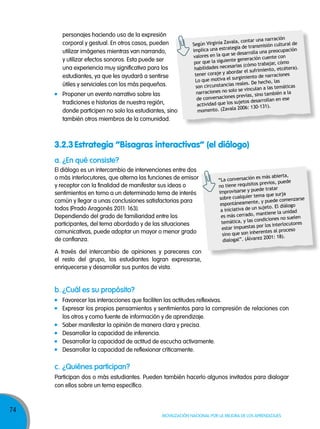 personajes haciendo uso de la expresión
corporal y gestual. En otros casos, pueden
utilizar imágenes mientras van narrando,
y utilizar efectos sonoros. Esta puede ser
una experiencia muy significativa para los
estudiantes, ya que les ayudará a sentirse
útiles y serviciales con los más pequeños.
Proponer un evento narrativo sobre las
tradiciones e historias de nuestra región,
donde participen no solo los estudiantes, sino
también otros miembros de la comunidad.

narración
vala, contar una
ral de
Según Virginia Za
transmisión cultu
tegia de
implica una estra
eocupación
pr
se desarrolla una
valores en la que
te con
e generación cuen
por que la siguient
trabajar, cómo
sarias (cómo
).
habilidades nece
miento, etcétera
y abordar el sufri
tener coraje
ciones
rra
surgimiento de na
Lo que motiva el
las
reales. De hecho,
son circunstancias
a las temáticas
lo se vinculan
narraciones no so
o también a la
ciones previas, sin
de conversa
n en ese
sujetos desarrolla
actividad que los
.
2006: 130-131)
momento. (Zavala

3.2.3 Estrategia “Bisagras interactivas” (el diálogo)
a. ¿en qué consiste?
El diálogo es un intercambio de intervenciones entre dos
o más interlocutores, que alterna las funciones de emisor
y receptor con la finalidad de manifestar sus ideas o
sentimientos en torno a un determinado tema de interés
común y llegar a unas conclusiones satisfactorias para
todos (Prado Aragonés 2011: 163).
Dependiendo del grado de familiaridad entre los
participantes, del tema abordado y de las situaciones
comunicativas, puede adoptar un mayor o menor grado
de confianza.

es más abierta,
“La conversación
s previos, puede
no tiene requisito
ede tratar
improvisarse y pu
ma que surja
sobre cualquier te
rse
, y puede comenza
espontáneamente
jeto. El diálogo
su
a iniciativa de un
tiene la unidad
más cerrado, man
es
en
ndiciones no suel
temática, y las co
interlocutores
r los
estar impuestas po
s al proceso
que son inherente
sino
rez 2001: 18).
dialogal”. (Álva

A través del intercambio de opiniones y pareceres con
el resto del grupo, los estudiantes logran expresarse,
enriquecerse y desarrollar sus puntos de vista.

b. ¿cuál es su propósito?
Favorecer las interacciones que faciliten las actitudes reflexivas.
Expresar los propios pensamientos y sentimientos para la compresión de relaciones con
los otros y como fuente de información y de aprendizaje.
Saber manifestar la opinión de manera clara y precisa.
Desarrollar la capacidad de inferencia.
Desarrollar la capacidad de actitud de escucha activamente.
Desarrollar la capacidad de reflexionar críticamente.

c. ¿Quiénes participan?
Participan dos o más estudiantes. Pueden también hacerlo algunos invitados para dialogar
con ellos sobre un tema específico.

74

Movilización nacional por la Mejora de los aprendizajes

 