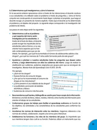 b.2 determinamos qué investigaremos y cómo lo haremos
En la secuencia anterior apreciamos cómo a través de las interacciones el docente conduce
a sus estudiantes a la reflexión sobre el problema a través de preguntas y cómo en forma
conjunta van construyendo el conocimiento hasta llegar a plantear el propósito, que luego el
docente recoge y lo presenta de manera explícita. Hasta aquí el docente ya ha determinado
el problema y el objetivo del proyecto. La siguiente etapa corresponde a la investigación del
problema de interés.
Los pasos en esta etapa serán los siguientes:
determinamos cuál es el problema
oyecto
ientar nuestro pr
y qué aspectos del mismo serán
Preguntas para or
investigados por los estudiantes. A
¿Qué haremos?
¿Qué sabemos?
través de la lluvia de ideas, el docente
ber?
¿Qué queremos sa
puede recoger las inquietudes de los
haremos?
¿Cómo lo
?
estudiantes sobre el tema y, a su vez,
¿Qué necesitamos
os?
ómo nos organizam
¿C
orientar hacia aspectos que no han
sido contemplados pero que son de
interés. Por ejemplo, ¿por qué ha aumentado el número de adolescentes adictos a las
drogas?, ¿por qué los menores de 11 años están formando parte de este grupo?
ayudamos a plantear a nuestros estudiantes todas las preguntas que deseen sobre
el tema, y luego determinamos con ellos los subtemas del mismo. Luego de realizar la
clasificación por subtemas, podemos asignarlos por grupos para que se encarguen de
investigarlos. (Revisar Ruta del Aprendizaje Ciclo VI 2013: 38-49).
Por ejemplo:
¿Qué son las drogas?
Nuevas formas de consumir drogas.
¿Por qué se ha incrementado el consumo de
drogas en los más jóvenes?
¿Cómo prevenir el uso indebido de las drogas?
La publicidad y promoción de bebidas
alcohólicas y tabaco.
Sustancias de consumo más frecuente.

Ficha de trabajo grupal
Normas del grupo.
Funciones de los miembr
os del
grupo.
Criterios de evaluación
del
trabajo grupal.

recomendamos qué fuentes y bibliografía se usarán para hacer acopio de la información.
Brindamos una lista de libros, videos, revistas, internet y otras fuentes de información para
orientar el trabajo de los estudiantes.
conformamos grupos de trabajo para facilitar el aprendizaje autónomo en función de
los objetivos, las actividades y las características de los estudiantes para conformar los
grupos.
acordamos las normas de interacción entre los miembros. Hagamos referencia a las
normas de cortesía, colaboración, respeto y los turnos para interactuar.
establecemos las funciones y los roles de los miembros del grupo. Es importante que
sus miembros tengan claro cuál es su función. Podemos utilizar un instrumento que nos

TODOS PODEMOS APRENDER, NADIE SE QUEDA ATRÁS

89

 