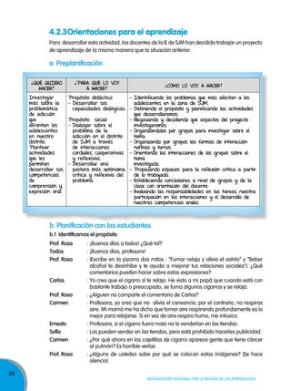 4.2.3 Orientaciones para el aprendizaje
Para desarrollar esta actividad, los docentes de la IE de SJM han decidido trabajar un proyecto
de aprendizaje de la misma manera que la situación anterior.

a. preplanificación
¿Qué QuiERo
haCER?
investigar
más sobre la
problemática
de adicción
que
afrontan los
adolescentes
en nuestro
distrito.
Plantear
actividades
que les
permitan
desarrollar sus
competencias
de
comprensión y
expresión oral.

¿PaRa Qué lo voy
a haCER?

¿CóMo lo voy a haCER?

Propósito didáctico:
- identificando los problemas que más afectan a los
- Desarrollar sus
adolescentes en la zona de SJM.
capacidades dialógicas. - Definiendo el propósito y planificando las actividades
que desarrollaremos.
Propósito social:
- Negociando y decidiendo qué aspectos del proyecto
- Dialogar sobre el
investigaremos.
problema de la
- organizándolos por grupos para investigar sobre el
adicción en el distrito
tema.
de SJM a través
- organizando por grupos las formas de interacción:
de interacciones
normas y turnos.
cordiales, cooperativas - orientando las interacciones de los grupos sobre el
y reflexivas.
tema
- Desarrollar una
investigado.
postura más autónoma, - Propiciando espacios para la reflexión crítica a partir
crítica y reflexiva del
de lo trabajado.
problema.
- Estableciendo conclusiones a nivel de grupos y de la
clase con orientación del docente.
- Evaluando las responsabilidades en las tareas, nuestra
participación en las interacciones y el desarrollo de
nuestras competencias orales.

b. planificación con los estudiantes
b.1 identificamos el propósito
prof. rosa
Todos
prof. rosa

carlos
prof. rosa
carmen

ernesto
sofía
carmen
prof. rosa

94

: ¡Buenos días a todos! ¿Qué tal?
: ¡Buenos días, profesora!
: (Escribe en la pizarra dos mitos : “Fumar relaja y alivia el estrés” y “Beber
alcohol te desinhibe y te ayuda a mejorar tus relaciones sociales”). ¿Qué
comentarios pueden hacer sobre estas expresiones?
: Yo creo que el cigarro sí te relaja. He visto a mi papá que cuando está con
bastante trabajo o preocupado, se fuma algunos cigarros y se relaja.
: ¿Alguien no comparte el comentario de Carlos?
: Profesora, yo creo que no alivia el cansancio; por el contrario, no respiras
aire. Mi mamá me ha dicho que tomar aire respirando profundamente es lo
mejor para relajarse. Si en vez de aire respiro humo, me intoxico.
: Profesora, si el cigarro fuera malo no lo venderían en las tiendas.
: Los pueden vender en las tiendas, pero está prohibido hacerles publicidad.
: ¿Por qué ahora en las cajetillas de cigarro aparece gente que tiene cáncer
al pulmón? Es horrible verlas.
: ¿Alguno de ustedes sabe por qué se colocan estas imágenes? (Se hace
silencio).
Movilización nacional por la Mejora de los aprendizajes

 