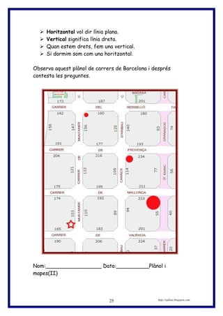  Horitzontal vol dir línia plana.
 Vertical significa línia dreta.
 Quan estem drets, fem una vertical.
 Si dormim som com una horitzontal.
Observa aquest plànol de carrers de Barcelona i després
contesta les preguntes.
Nom:_________________ Data:__________Plànol i
mapes(II)
http://eplion.blogspot.com25
 