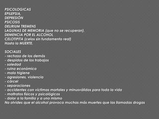 PSICOLOGICAS
EPILEPSIA,
DEPRESIÓN
PSICOSIS
DELIRIUM TREMENS
LAGUNAS DE MEMORIA (que no se recuperan),
DEMENCIA POR EL ALCOHOL
CELOTIPITA (celos sin fundamento real)
Hasta la MUERTE.
SOCIALES
- rechazo de los demás
- despidos de los trabajos
- soledad
- ruina económica
- mala higiene
- agresiones, violencia
- cárcel
- separaciones
- accidentes con víctimas mortales y minusválidos para toda la vida
- maltratos físicos y psicológicos
- dolor a la familia y a uno mismo
No olvides que el alcohol provoca muchas más muertes que las llamadas drogas
 