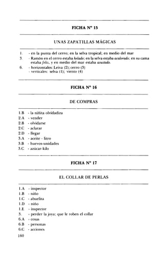 FICHA N° 15 

UNAS ZAPATILLAS MÁGICAS 

1. 	

3. 	
6. 	

- en la punta del cerro; en la selva tropical; en medio del mar
- Ramón en el cerro estaba helado; en la selva estaba acalorado; en su cama
estaba feliz.. y en medio del mar estaba asustado.

- horizontales: Leiva (2); cerro (3)
- verticales: selva O); viento (4)

FICHA N° 16 

DE COMPRAS 

l.B 	
2.A 	
2.B 	
2.e 	
2.0 	
3.A 	
3.B 	
3.e 	

- la niñita olvidadiza
- vender
- olvidarse
- aclarar
- llegar
- aceite - litro
- huevos-unidades
- azúcar-kilo

FICHA N° 17 

EL COLLAR DE PERLAS 

I.A 	 - inspector
1.B 	 - niño
l.e 	 - abuelita
l.0 	 - niño
I.E 	 . inspector
3. 	 - perder la joya; que le roben el collar
6.A 	 - cosas
6.B 	 - personas
6.e 	 . aCCiones
160

 