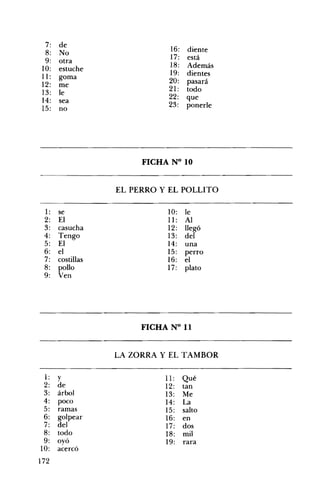 7:
8:
9:
10:
11 :
12:
13:
14:
15:

de
No
otra
estuche
goma
me
le
sea
no

16:
17:
18:
19:
20:
21 :
22:
23:

diente
está
Además
dientes
pasará
todo
que
ponerle

FICHA N° 10 

EL PERRO Y EL POLLITO 

1:
2:

3:
4:
5:

6:
7:
8:
9:

se
El
casucha
Tengo
El
el
costillas
pollo
Ven

10:
11:
12:
13:
14:
15:
16:
17:

le
Al
llegó
del
una
perro
el
plato

FICHA N° 11 

LA ZORRA Y EL TAMBOR 

1:
2:
3:
4:
5:
6:
7:
8:
9:
10:

172

y
de
árbol
poco
ramas
golpear
del
todo
oyó
acercó

11: Qué
12: tan
13: Me
14: La
15: salto
16: en
17: dos
18: mil
19: rara

 