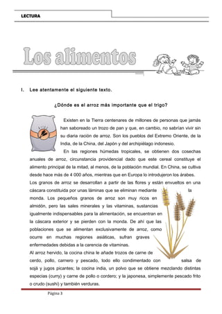LECTURA
I. Lee atentamente el siguiente texto.
¿Dónde es el arroz más importante que el trigo?
Existen en la Tierra centenares de millones de personas que jamás
han saboreado un trozo de pan y que, en cambio, no sabrían vivir sin
su diaria ración de arroz. Son los pueblos del Extremo Oriente, de la
India, de la China, del Japón y del archipiélago indonesio.
En las regiones húmedas tropicales, se obtienen dos cosechas
anuales de arroz, circunstancia providencial dado que este cereal constituye el
alimento principal de la mitad, al menos, de la población mundial. En China, se cultiva
desde hace más de 4 000 años, mientras que en Europa lo introdujeron los árabes.
Los granos de arroz se desarrollan a partir de las flores y están envueltos en una
cáscara constituida por unas láminas que se eliminan mediante la
monda. Los pequeños granos de arroz son muy ricos en
almidón, pero las sales minerales y las vitaminas, sustancias
igualmente indispensables para la alimentación, se encuentran en
la cáscara exterior y se pierden con la monda. De ahí que las
poblaciones que se alimentan exclusivamente de arroz, como
ocurre en muchas regiones asiáticas, sufran graves
enfermedades debidas a la carencia de vitaminas.
Al arroz hervido, la cocina china le añade trozos de carne de
cerdo, pollo, carnero y pescado, todo ello condimentado con salsa de
sojá y jugos picantes; la cocina india, un polvo que se obtiene mezclando distintas
especias (curry) y carne de pollo o cordero; y la japonesa, simplemente pescado frito
o crudo (sushi) y también verduras.
Página 3
A r r o z
 