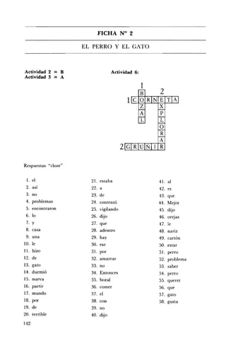FICHA N° 2 


                     EL PERRO Y EL GATO 




Actividad 2 = B                    Actividad 6:
Actividad 3 = A

                                                  1
                                                      2

                                                      P
                                                      L
                                                      O
                                                      R
                                                      A
                                                      R


Respuestas "cloze"


 1. el                 21. estaba                     41. al
 2. así                22. a                          42. es
 3. no                 23. de                         43. que
 4. problemas          24. contentó                   44. Mejor
 5. encontraron        25. vigilando                  45. dijo
 6. lo                 26. dijo                       46. orejas
 7. y                  27. que                        47. le
 8. casa               28. adentro                    48. nanz
 9. una                29. hay                        49. cartón
10. le                 30. ese                        50. estar
11. hizo               31. por                        51. perro
12. de                 32. amarrar                    52. problema
13. gato               33. no                         53. saber
14. durmió             34. Entonces                   54. perro
15. nueva              35. bozal                      55. querer
16. partir             36. comer                      56. que
17. mundo              37. el                         57. gato
18. por                38. con                        58. gusta
19. de                 39. no
20. terrible           40. dijo
142
 