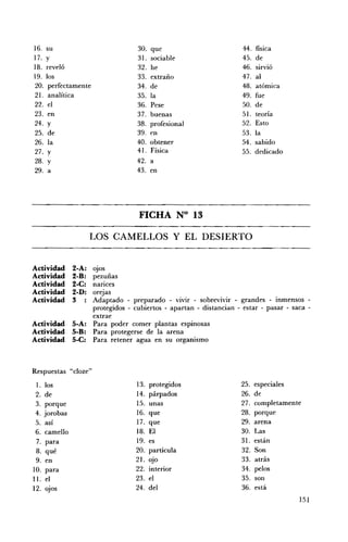 16.   su 	                         30.   que                         44. fisica
17.   y	                           31.   sociable                    45.   de
18.   reveló                       32.   he 	                        46.   sirvió
19.   los 	                        33.   extraño                     47.   al
20.    perfectamen te              34.   de 	                        48.   atómica
21.    analítica                   35.   la 	                        49.   fue
22.   el 	                         36.   Pese                        50.   de
23.   en 	                         37.   buenas                      51.   teoría
24.   y	                           38.   profesional                 52.   Esto
25.   de                           39.   en 	                        53.   la
26.   la 	                         40.   obtener                     54.   sabido
27.   y	                           41.   Física                      55.   dedicado
28.   y	                           42.   a
29.   a	                           43.   en




                                   FICHA N° 13 


                    LOS CAMELLOS Y EL DESIERTO 



Actividad     2-A: 	 ojos
Actividad     2-B: 	 pezuñas
Actividad     2-C: 	 narices
Actividad     2-D: 	 orejas
Actividad     3	     Adaptado - preparado - vivir - sobrevivir - grandes - inmensos ­
                     protegidos - cubiertos - apartan - distancian - estar - pasar - saca ­
                     extrae
Actividad     5-A: 	 Para poder comer plantas espinosas
Actividad     5-B: 	 Para protegerse de la arena
Actividad     5-C: 	 Para retener agua en su organismo



Respuestas "cloze"
 l. los 	                         13.    protegidos                  25.   especiales
 2. de 	                          14.    párpados                    26.   de
 3. porque                        15.    unas 	                      27.   completamente
 4. jorobas                       16.    que 	                       28.   porque
 5. así 	                         17.    que                         29.   arena
 6. camello                       18.    El 	                        30.   Las
 7.  para                         19.    es 	                        31.   están
 8.  qué 	                        20.    partícula                   32.   Son
 9. en 	                          21.    ojo                         33.   atrás
10. para 	                        22.    interior                    34.   pelos
11. el                            23.    el 	                        35.   son
12. ojos                          24.    del 	                       36.   está
                                                                                       151
 