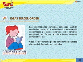 Inicio




IDEAS TERCER ORDEN

           Las informaciones puntuales conocidas también
           con la denominación de ideas de tercer orden están
           conformadas por datos concretos como nombres,
           comparaciones, fechas, acontecimientos menores,
           comentarios, etc.

           Cada idea secundaria puede contener una cantidad
           diversa de informaciones puntuales.
 
