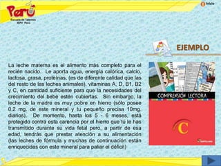 Inicio




                                                              EJEMPLO
La leche materna es el alimento más completo para el
recién nacido. Le aporta agua, energía calórica, calcio,
lactosa, grasa, proteínas, (es de diferente calidad que las
del resto de las leches animales), vitaminas A, D, B1, B2
y C, en cantidad suficiente para que la necesidades del
crecimiento del bebé estén cubiertas. Sin embargo, la
leche de la madre es muy pobre en hierro (sólo posee
0,2 mg. de este mineral y tu pequeño precisa 10mg.
diarios). De momento, hasta los 5 - 6 meses, está
protegido contra esta carencia por el hierro que tú le has
transmitido durante su vida fetal pero, a partir de esa
edad, tendrás que prestar atención a su alimentación
(las leches de fórmula y muchas de continuación están
enriquecidas con este mineral para paliar el déficit)
 