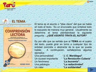 Inicio




EL TEMA
          El tema es el asunto o "idea clave" del que se habla
          en todo el texto. Es un enunciado que sintetiza todo
          lo expuesto de manera muy general. Usualmente se
          determina el tema planteándose la siguiente
          pregunta : ¿QUÉ ASUNTO TRATA EL AUTOR?

          Es por ello que se señala que el TEMA es el sujeto
          del texto, puede girar en torno a cualquier tipo de
          entidad concreta o abstracta de la que se pueda
          hablar.    A continuación, señalaremos algunos
          ejemplos:
          Una personalidad         "J. C. Mariátegui".
          Un suceso importante      "La Revolución Cubana".
          Un fenómeno               “La leucemia".
          Una patología             "La radiactividad".
          Un valor                  "La solidaridad".
 