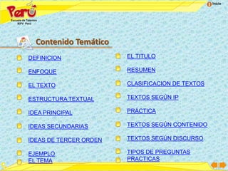 Inicio




  Contenido Temático
DEFINICION              EL TITULO

ENFOQUE                 RESUMEN

EL TEXTO                CLASIFICACION DE TEXTOS

ESTRUCTURA TEXTUAL      TEXTOS SEGÚN IP

IDEA PRINCIPAL          PRÁCTICA

IDEAS SECUNDARIAS       TEXTOS SEGÚN CONTENIDO

IDEAS DE TERCER ORDEN   TEXTOS SEGÚN DISCURSO

EJEMPLO                 TIPOS DE PREGUNTAS
EL TEMA                 PRACTICAS
 