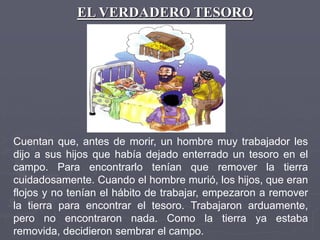 EL VERDADERO TESORO

Cuentan que, antes de morir, un hombre muy trabajador les
dijo a sus hijos que había dejado enterrado un tesoro en el
campo. Para encontrarlo tenían que remover la tierra
cuidadosamente. Cuando el hombre murió, los hijos, que eran
flojos y no tenían el hábito de trabajar, empezaron a remover
la tierra para encontrar el tesoro. Trabajaron arduamente,
pero no encontraron nada. Como la tierra ya estaba
removida, decidieron sembrar el campo.

 