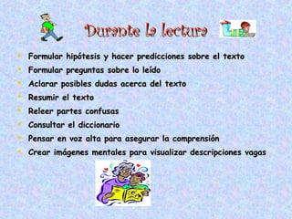 Durante la lecturaDurante la lectura
 Formular hipótesis y hacer predicciones sobre el textoFormular hipótesis y hacer predicciones sobre el texto
 Formular preguntas sobre lo leídoFormular preguntas sobre lo leído
 Aclarar posibles dudas acerca del textoAclarar posibles dudas acerca del texto
 Resumir el textoResumir el texto
 Releer partes confusasReleer partes confusas
 Consultar el diccionarioConsultar el diccionario
 Pensar en voz alta para asegurar la comprensiónPensar en voz alta para asegurar la comprensión
 Crear imágenes mentales para visualizar descripciones vagasCrear imágenes mentales para visualizar descripciones vagas
 