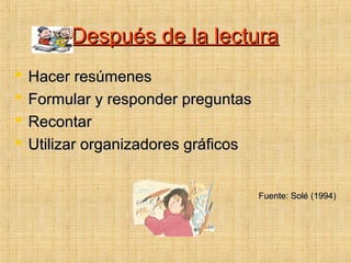 Después de la lecturaDespués de la lectura
 Hacer resúmenesHacer resúmenes
 Formular y responder preguntasFormular y responder preguntas
 RecontarRecontar
 Utilizar organizadores gráficosUtilizar organizadores gráficos
Fuente: Solé (1994)Fuente: Solé (1994)
 