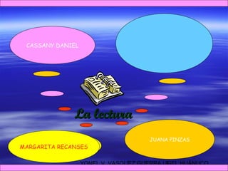 YONEL V. VASQUEZ GUERRA UGEL HUÁNUCO3
La lecturaLa lectura
la lectura es un proceso
estratégico donde el lector
emplea sus saberes
previos y experiencias
para enfrentarse al texto
y darle un significado
un conjunto de habilidades,
y, a la vez, un proceso
complejo y variable”
la lectura es un conjunto de
destrezas que se utiliza en
algún momento o situación
CASSANY DANIEL
MARGARITA RECANSES
Es un proceso de construcción ,
interacción, integración y un proceso
estratégico, comunicativo
y metacognitivo
JUANA PINZAS
 