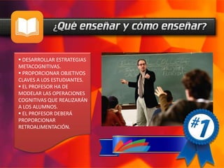  DESARROLLAR ESTRATEGIAS
METACOGNITIVAS.
 PROPORCIONAR OBJETIVOS
CLAVES A LOS ESTUDIANTES.
 EL PROFESOR HA DE
MODELAR LAS OPERACIONES
COGNITIVAS QUE REALIZARÁN
A LOS ALUMNOS.
 EL PROFESOR DEBERÁ
PROPORCIONAR
RETROALIMENTACIÓN.
 