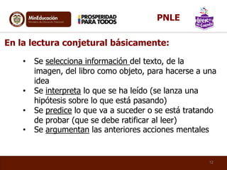 En la lectura conjetural básicamente:
• Se selecciona información del texto, de la
imagen, del libro como objeto, para hacerse a una
idea
• Se interpreta lo que se ha leído (se lanza una
hipótesis sobre lo que está pasando)
• Se predice lo que va a suceder o se está tratando
de probar (que se debe ratificar al leer)
• Se argumentan las anteriores acciones mentales
12
PNLE
 