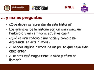 … y malas preguntas
• ¿Qué debemos aprender de esta historia?
• Los animales de la historia son un omnívoro, un
herbívoro y un carnívoro. ¿Cuál es cuál?
• ¿Qué es una cadena alimenticia y cómo está
expresada en esta historia?
• ¿Conoces alguna historia de un pollito que haya sido
obediente?
• ¿Cuántos estómagos tiene la vaca y cómo se
llaman?
PNLE
 