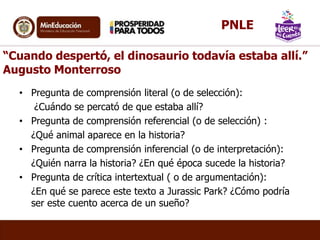 “Cuando despertó, el dinosaurio todavía estaba allí.”
Augusto Monterroso
• Pregunta de comprensión literal (o de selección):
¿Cuándo se percató de que estaba allí?
• Pregunta de comprensión referencial (o de selección) :
¿Qué animal aparece en la historia?
• Pregunta de comprensión inferencial (o de interpretación):
¿Quién narra la historia? ¿En qué época sucede la historia?
• Pregunta de crítica intertextual ( o de argumentación):
¿En qué se parece este texto a Jurassic Park? ¿Cómo podría
ser este cuento acerca de un sueño?
PNLE
 