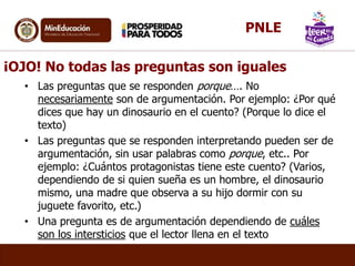 ¡OJO! No todas las preguntas son iguales
• Las preguntas que se responden porque…. No
necesariamente son de argumentación. Por ejemplo: ¿Por qué
dices que hay un dinosaurio en el cuento? (Porque lo dice el
texto)
• Las preguntas que se responden interpretando pueden ser de
argumentación, sin usar palabras como porque, etc.. Por
ejemplo: ¿Cuántos protagonistas tiene este cuento? (Varios,
dependiendo de si quien sueña es un hombre, el dinosaurio
mismo, una madre que observa a su hijo dormir con su
juguete favorito, etc.)
• Una pregunta es de argumentación dependiendo de cuáles
son los intersticios que el lector llena en el texto
PNLE
 