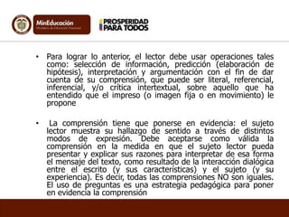 • Para lograr lo anterior, el lector debe usar operaciones tales
como: selección de información, predicción (elaboración de
hipótesis), interpretación y argumentación con el fin de dar
cuenta de su comprensión, que puede ser literal, referencial,
inferencial, y/o crítica intertextual, sobre aquello que ha
entendido que el impreso (o imagen fija o en movimiento) le
propone
• La comprensión tiene que ponerse en evidencia: el sujeto
lector muestra su hallazgo de sentido a través de distintos
modos de expresión. Debe aceptarse como válida la
comprensión en la medida en que el sujeto lector pueda
presentar y explicar sus razones para interpretar de esa forma
el mensaje del texto, como resultado de la interacción dialógica
entre el escrito (y sus características) y el sujeto (y su
experiencia). Es decir, todas las comprensiones NO son iguales.
El uso de preguntas es una estrategia pedagógica para poner
en evidencia la comprensión
 