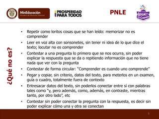 • Repetir como loritos cosas que se han leído: memorizar no es
comprender
• Leer en voz alta con sonsonetes, sin tener ni idea de lo que dice el
texto; locutar no es comprender
• Contestar a una pregunta lo primero que se nos ocurra, sin poder
explicar la respuesta que se da o repitiendo información que no tiene
nada que ver con la pregunta
• Contestar de forma circular: “Comprender es cuando uno comprende”
• Pegar y copiar, sin criterio, datos del texto, para meterlos en un examen,
guía o cuadro, totalmente fuera de contexto
• Entresacar datos del texto, sin poderlos conectar entre sí con palabras
tales como “y, pero además, como, además, en contraste, mientras
tanto, por otro lado”, etc
• Contestar sin poder conectar la pregunta con la respuesta, es decir sin
poder explicar cómo una y otra se conectan
5
¿Quénoes? PNLE
 