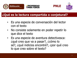 • Es una especie de conversación del lector
con el texto
• No consiste solamente en poder repetir lo
que dice el texto
• Es una especie de aventura detectivesca:
¿qué creo que va a pasar?, ¿cómo lo
sé?, ¿qué indicios encontré?, ¿por qué creo
lo que creo sobre el texto?
9
¿Qué es la lectura compartida o conjetural?
PNLE
 