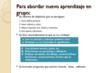 Para abordar nuevo aprendizaje enPara abordar nuevo aprendizaje en
grupo:grupo:
 Se informa de objetivos que se persiguen
1. Como disfrute personal
2. Hacer reflexión y crítica
3. Mejorar expresión oral, fluidez y entonación
4. Para obtener información
 Se dice resumidamente lo que se va a trabajar
 Se formulan preguntas que activen: Interés, duda, reflexión.
a. Leer un párrafo y subrayar palabras clave
b. Sintetizar en un enunciado lo significativo
A. Leer primera sección, parte, etc
B. Seleccionar un personaje y dibujarlo
C. Enlistar alrededor del dibujo, caracteristicas,
decisiones, consecuencias, hechos que lo
relacionan.
 