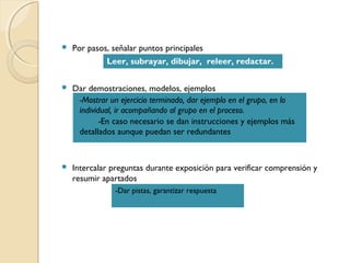  Por pasos, señalar puntos principales
 Dar demostraciones, modelos, ejemplos
 Intercalar preguntas durante exposición para verificar comprensión y
resumir apartados
Leer, subrayar, dibujar, releer, redactar.
-Mostrar un ejercicio terminado, dar ejemplo en el grupo, en lo
individual, ir acompañando al grupo en el proceso.
-En caso necesario se dan instrucciones y ejemplos más
detallados aunque puedan ser redundantes
-Dar pistas, garantizar respuesta
 