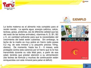 Inicio
EJEMPLO
La leche materna es el alimento más completo para el
recién nacido. Le aporta agua, energía calórica, calcio,
lactosa, grasa, proteínas, (es de diferente calidad que las
del resto de las leches animales), vitaminas A, D, B1, B2
y C, en cantidad suficiente para que la necesidades del
crecimiento del bebé estén cubiertas. Sin embargo, la
leche de la madre es muy pobre en hierro (sólo posee
0,2 mg. de este mineral y tu pequeño precisa 10mg.
diarios). De momento, hasta los 5 - 6 meses, está
protegido contra esta carencia por el hierro que tú le has
transmitido durante su vida fetal pero, a partir de esa
edad, tendrás que prestar atención a su alimentación
(las leches de fórmula y muchas de continuación están
enriquecidas con este mineral para paliar el déficit)
 