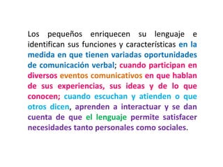 Los pequeños enriquecen su lenguaje e identifican sus funciones y características en la medida en que tienen variadas oportunidades de comunicación verbal; cuando participan en diversos eventos comunicativos en que hablan de sus experiencias, sus ideas y de lo que conocen; cuando escuchan y atienden o que otros dicen, aprenden a interactuar y se dan cuenta de que el lenguaje permite satisfacer necesidades tanto personales como sociales.  