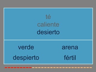 té
         caliente
         desierto

 verde              arena
despierto           fértil
 