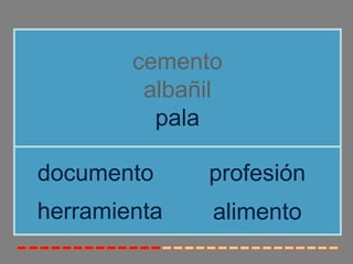 cemento
         albañil
          pala

documento     profesión
herramienta    alimento
 