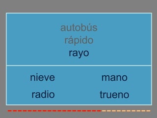 autobús
         rápido
          rayo

nieve             mano
radio             trueno
 