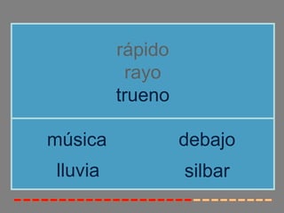 rápido
           rayo
         trueno

música            debajo
lluvia            silbar
 