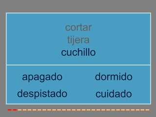 cortar
         tijera
        cuchillo

apagado        dormido
despistado     cuidado
 