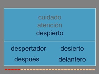 cuidado
       atención
       despierto

despertador    desierto
 después      delantero
 