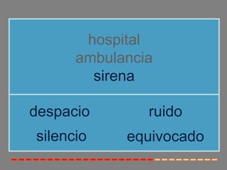 hospital
      ambulancia
        sirena

despacio       ruido
silencio    equivocado
 