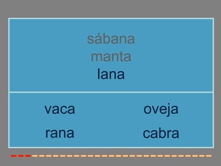 sábana
        manta
         lana

vaca            oveja
rana            cabra
 