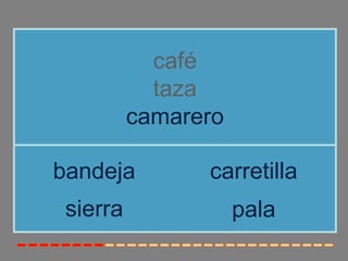 café
            taza
          camarero

bandeja         carretilla
 sierra              pala
 