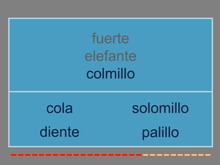 fuerte
         elefante
         colmillo

cola            solomillo
diente              palillo
 