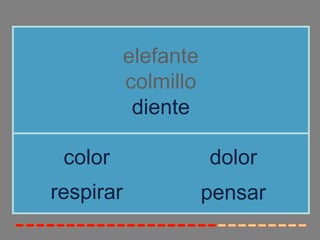 elefante
           colmillo
            diente

 color                dolor
respirar              pensar
 
